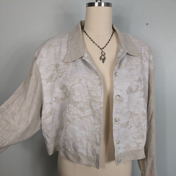 Vintage Cropped Jacket Top Brown M 90s Neutral Tan Natural Cream Floral Boho - Picture 2 of 12
